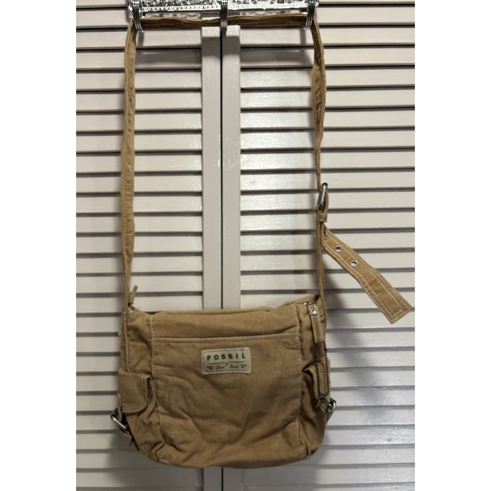 Vintage Fossil Tan Corduroy Small Shoulder Purse Buckles Logo Zip Charms Lined